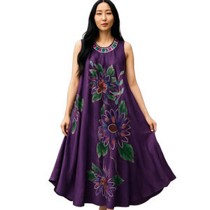 OMJA Midi Maxi Dress Women’s OS One Size Purple‎ Floral Embroidered Rayon Boho